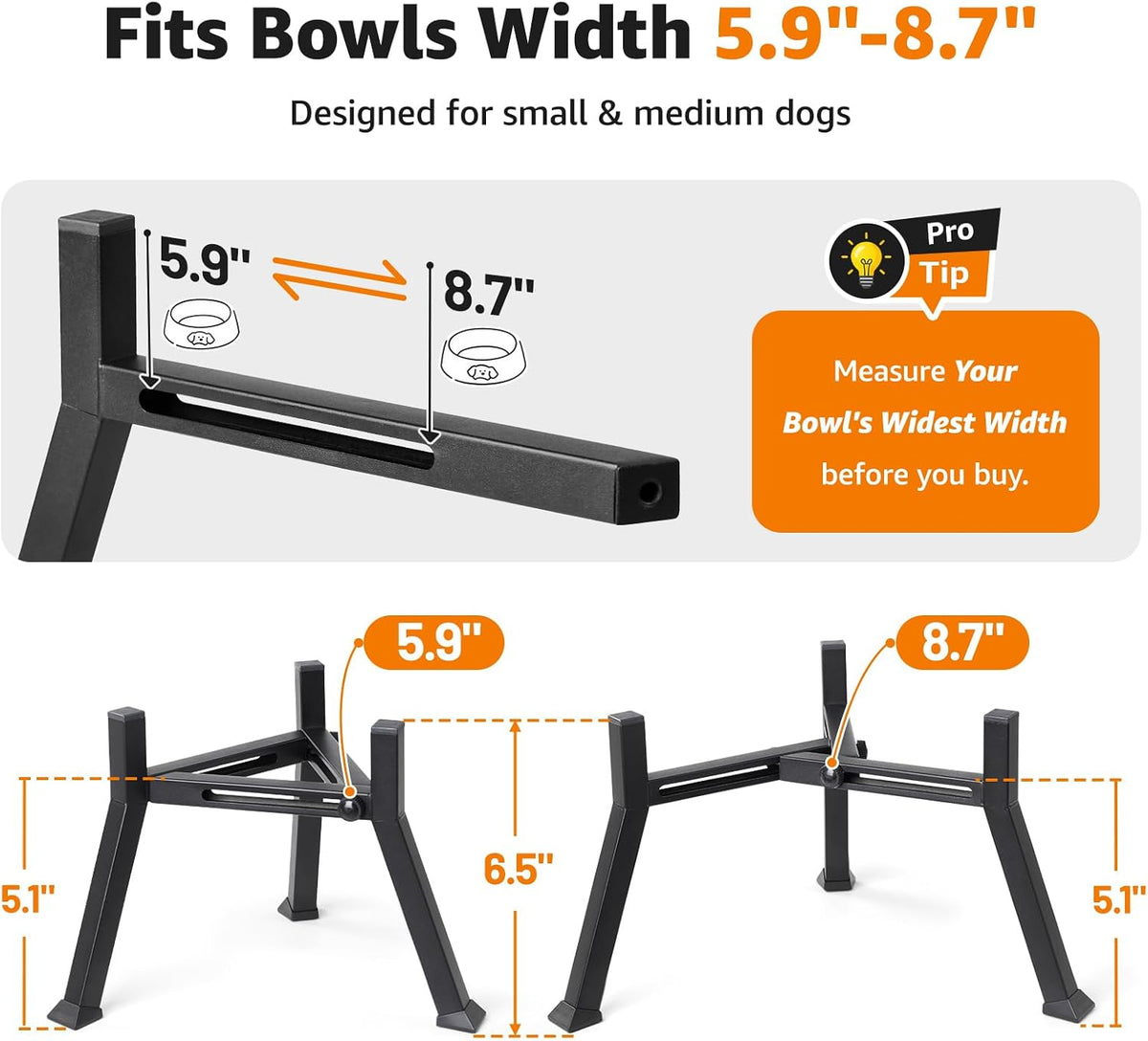 Elevated Dog Bowl Stand Adjustable 8.2"-11" Width for Large Seniors