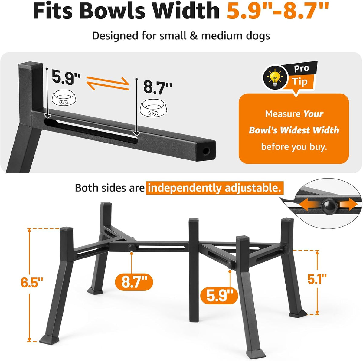 Elevated Dog Bowl Stand Adjustable 8.2"-11" Width for Large Seniors
