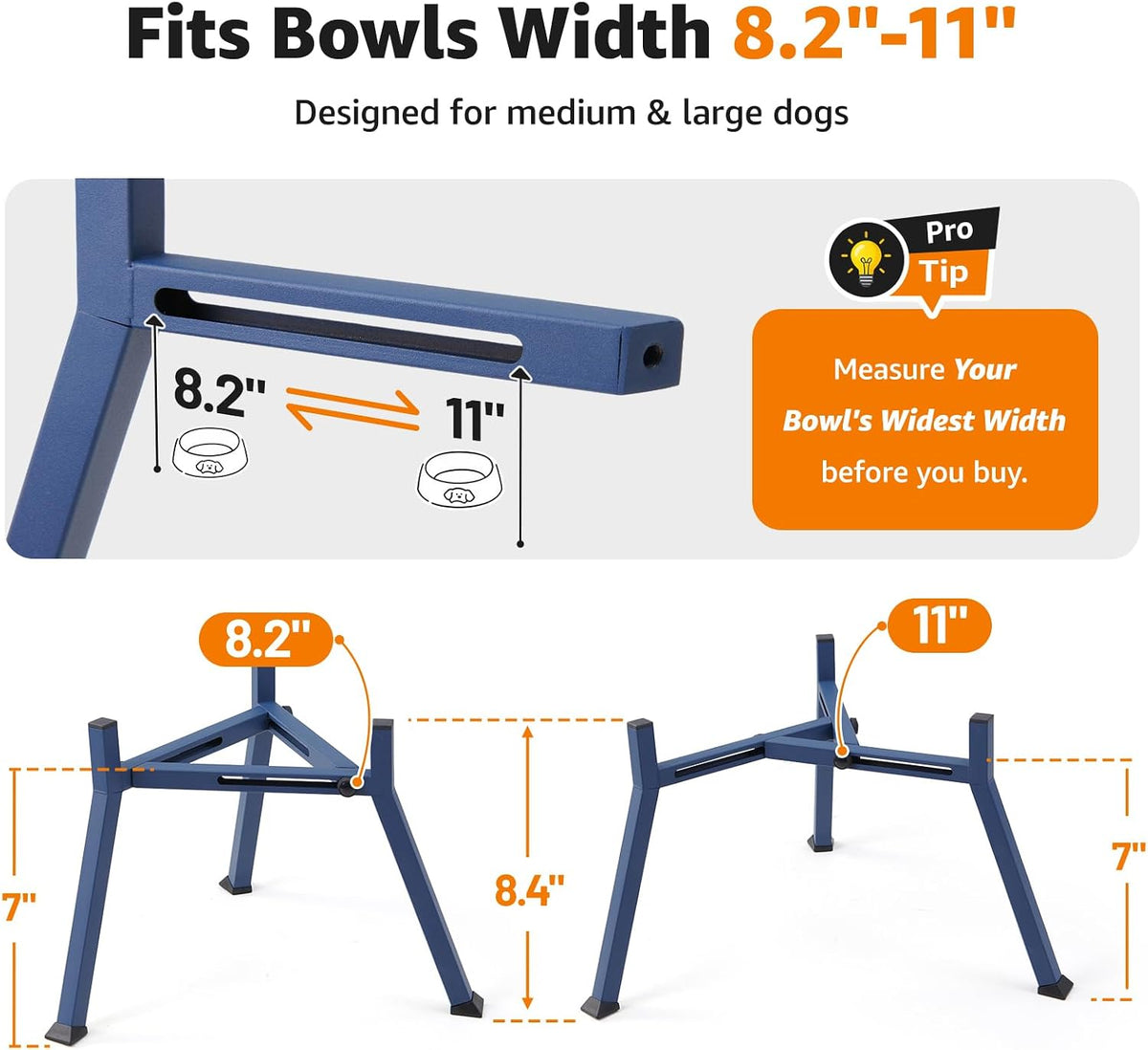 Elevated Dog Bowl Stand Adjustable 8.2"-11" Width for Large Seniors
