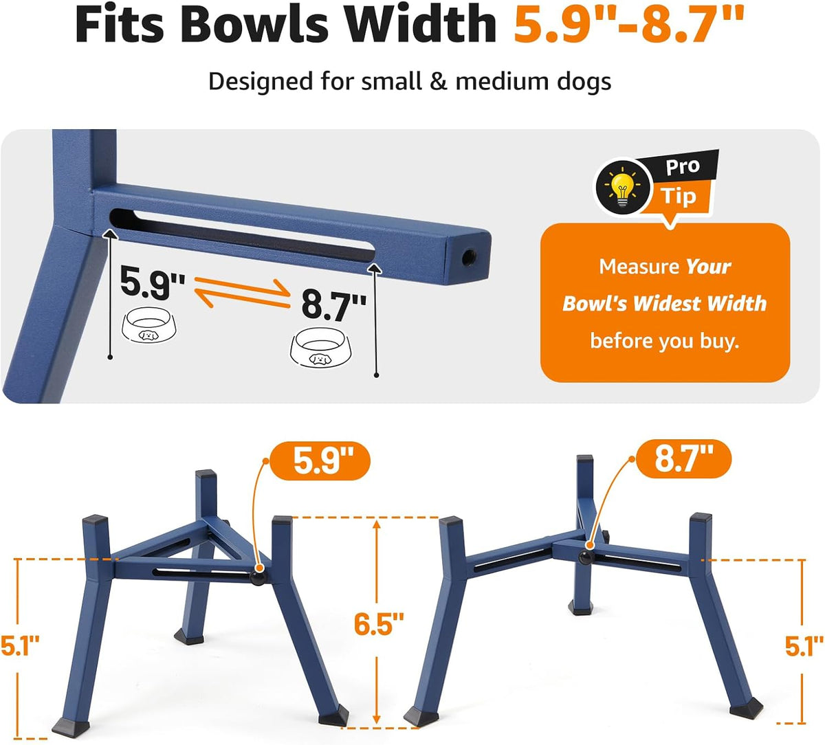 Elevated Dog Bowl Stand Adjustable 8.2"-11" Width for Large Seniors