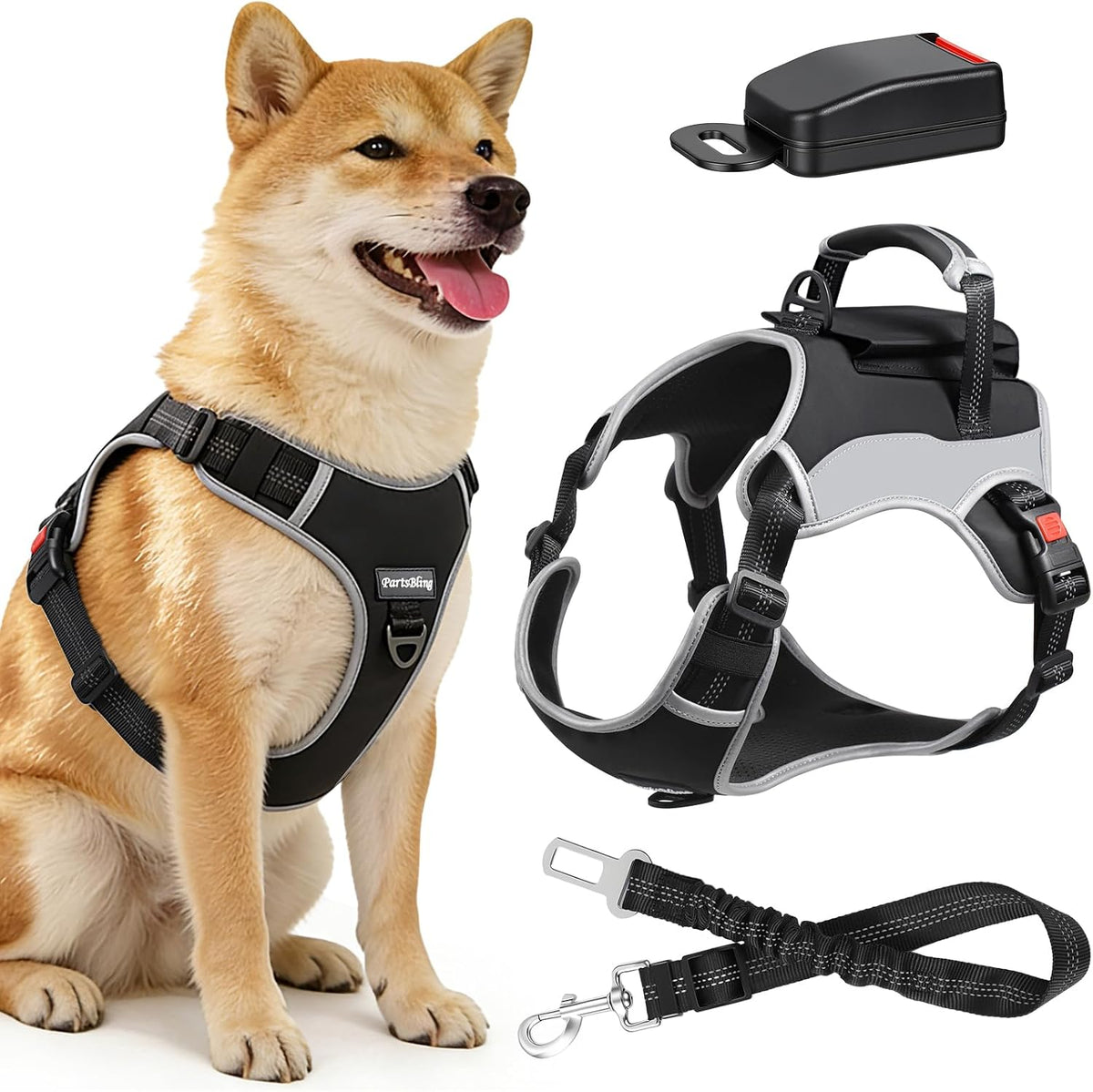Dog Car Harness, Dog Seat Belt Harness for Car, No Pull Adjustable Dog Harness with Seat Belt Attachment, Breathable Padded Vest with Handle for Walking, Training & Car Travel, M