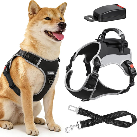 Dog Car Harness, Dog Seat Belt Harness for Car, No Pull Adjustable Dog Harness with Seat Belt Attachment, Breathable Padded Vest with Handle for Walking, Training & Car Travel, M
