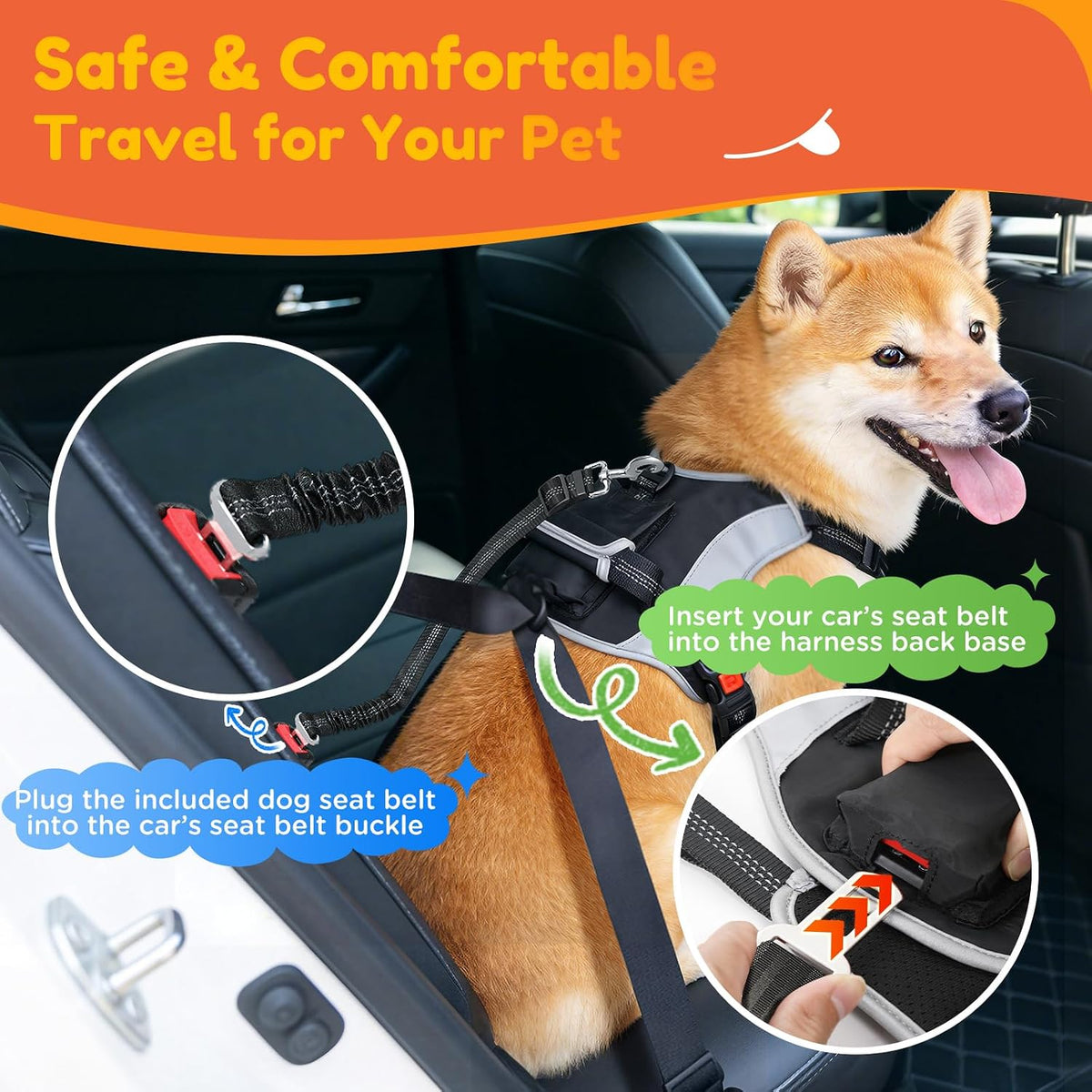Dog Car Harness, Dog Seat Belt Harness for Car, No Pull Adjustable Dog Harness with Seat Belt Attachment, Breathable Padded Vest with Handle for Walking, Training & Car Travel, M
