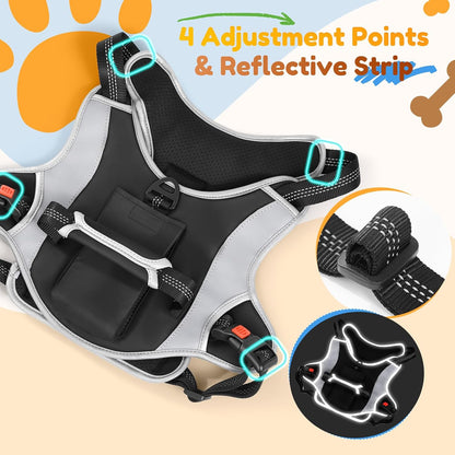 Dog Car Harness, Dog Seat Belt Harness for Car, No Pull Adjustable Dog Harness with Seat Belt Attachment, Breathable Padded Vest with Handle for Walking, Training & Car Travel, M