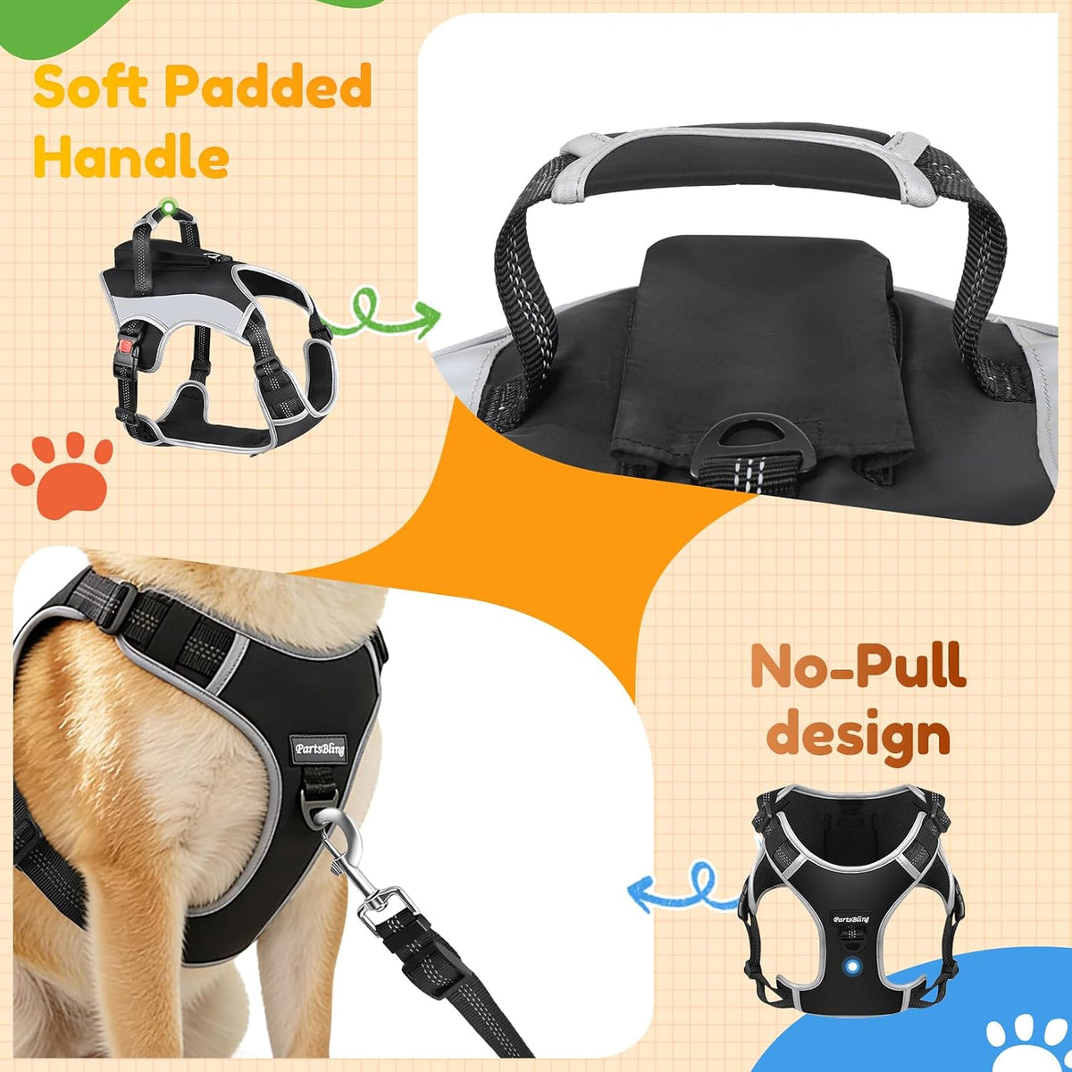 Dog Car Harness, Dog Seat Belt Harness for Car, No Pull Adjustable Dog Harness with Seat Belt Attachment, Breathable Padded Vest with Handle for Walking, Training & Car Travel, M