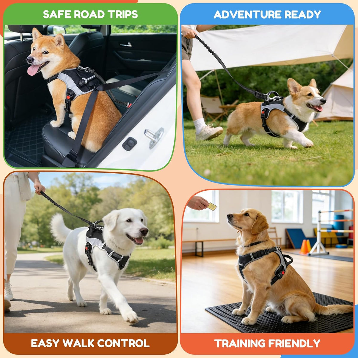 Dog Car Harness, Dog Seat Belt Harness for Car, No Pull Adjustable Dog Harness with Seat Belt Attachment, Breathable Padded Vest with Handle for Walking, Training & Car Travel, M