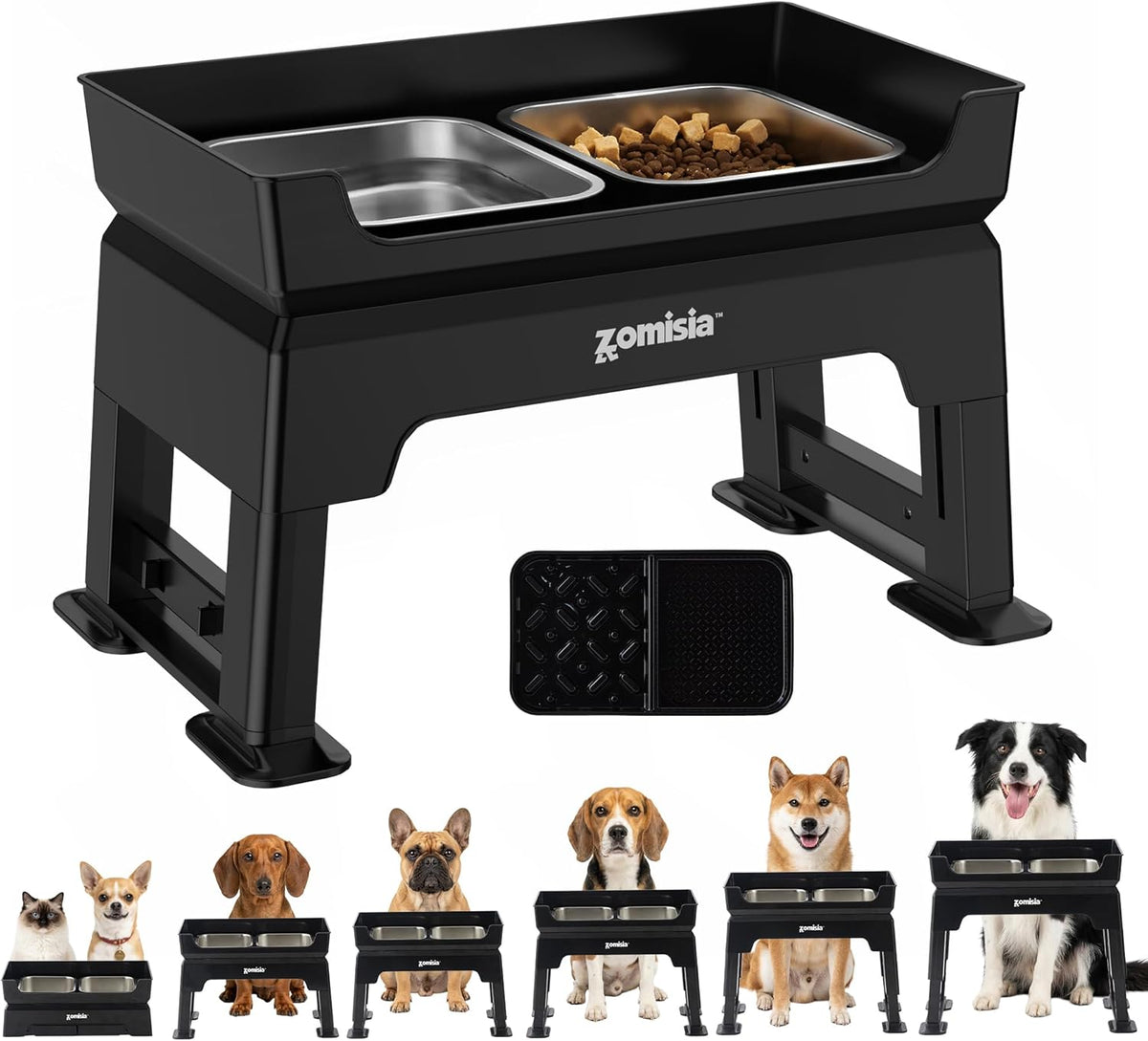 Elevated Dog Bowls, 6 Height Adjustable Raised Dog Bowl Mess Proof | 3-in-1 Dog Bowl Stand, Double Deck Design, 2 Stainless Steel Bowls, Licking Plate, Feeding Station for Small Medium Large Pet