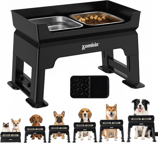 Elevated Dog Bowls, 6 Height Adjustable Raised Dog Bowl Mess Proof | 3-in-1 Dog Bowl Stand, Double Deck Design, 2 Stainless Steel Bowls, Licking Plate, Feeding Station for Small Medium Large Pet
