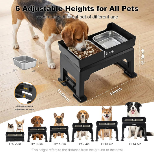 Elevated Dog Bowls, 6 Height Adjustable Raised Dog Bowl Mess Proof | 3-in-1 Dog Bowl Stand, Double Deck Design, 2 Stainless Steel Bowls, Licking Plate, Feeding Station for Small Medium Large Pet