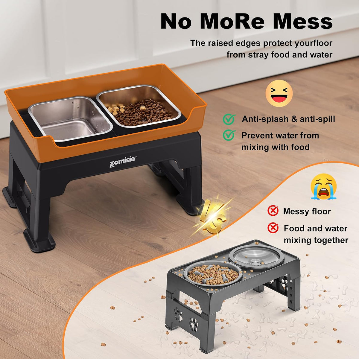 Elevated Dog Bowls, 6 Height Adjustable Raised Dog Bowl Mess Proof | 3-in-1 Dog Bowl Stand, Double Deck Design, 2 Stainless Steel Bowls, Licking Plate, Feeding Station for Small Medium Large Pet