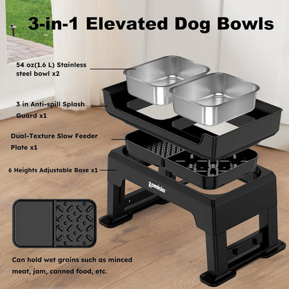 Elevated Dog Bowls, 6 Height Adjustable Raised Dog Bowl Mess Proof | 3-in-1 Dog Bowl Stand, Double Deck Design, 2 Stainless Steel Bowls, Licking Plate, Feeding Station for Small Medium Large Pet