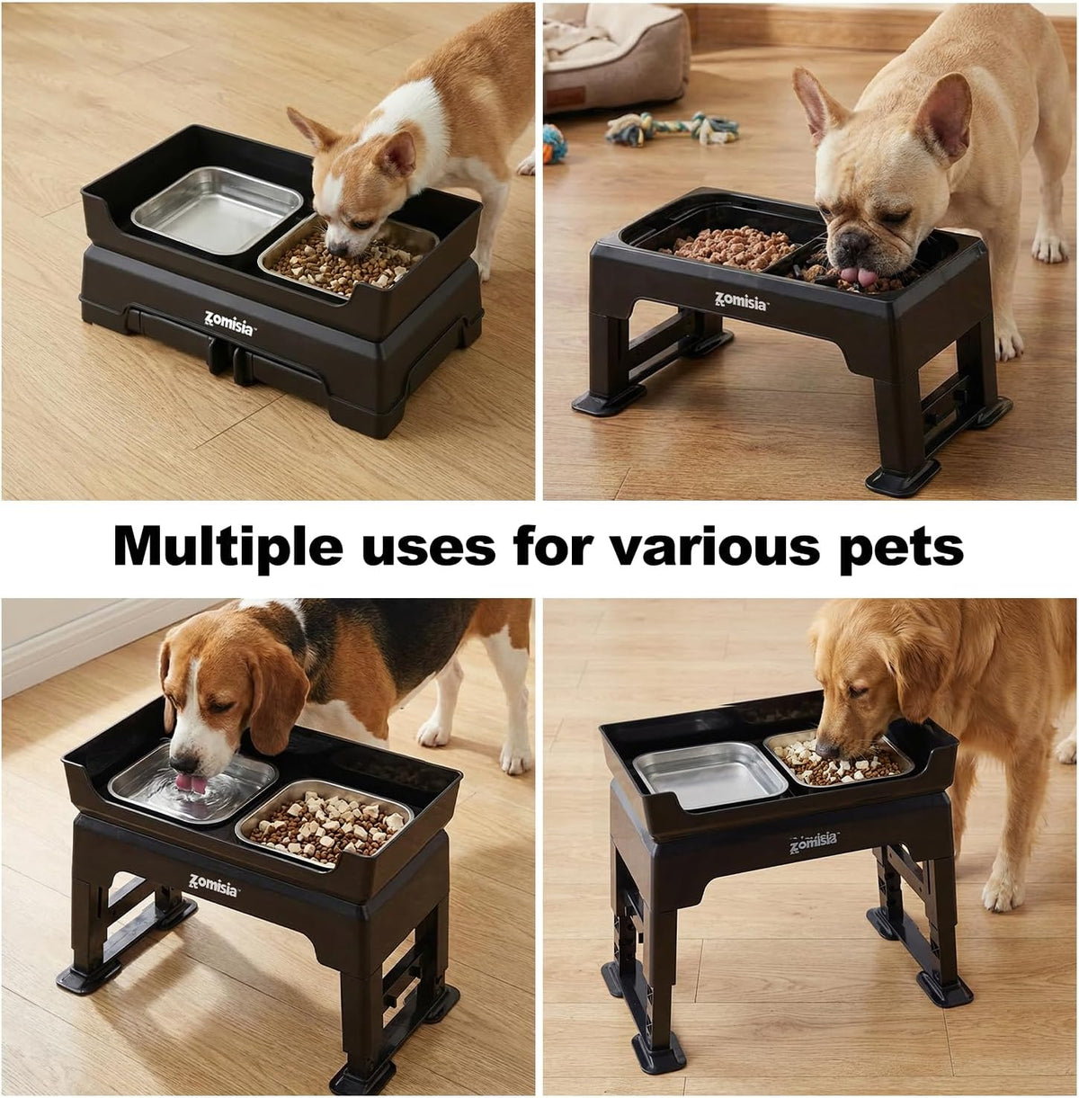 Elevated Dog Bowls, 6 Height Adjustable Raised Dog Bowl Mess Proof | 3-in-1 Dog Bowl Stand, Double Deck Design, 2 Stainless Steel Bowls, Licking Plate, Feeding Station for Small Medium Large Pet