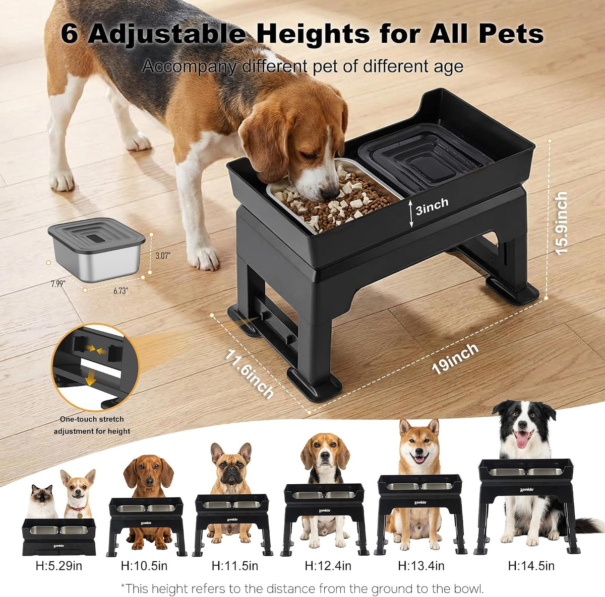 Elevated Dog Bowls, 6 Height Adjustable Raised Dog Bowl Mess Proof | 3-in-1 Dog Bowl Stand, Double Deck Design, 2 Stainless Steel Bowls, Licking Plate, Feeding Station for Small Medium Large Pet