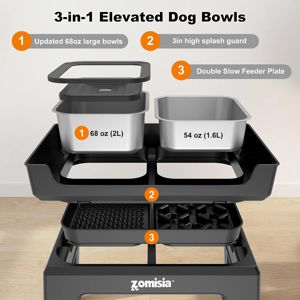 Elevated Dog Bowls, 6 Height Adjustable Raised Dog Bowl Mess Proof | 3-in-1 Dog Bowl Stand, Double Deck Design, 2 Stainless Steel Bowls, Licking Plate, Feeding Station for Small Medium Large Pet