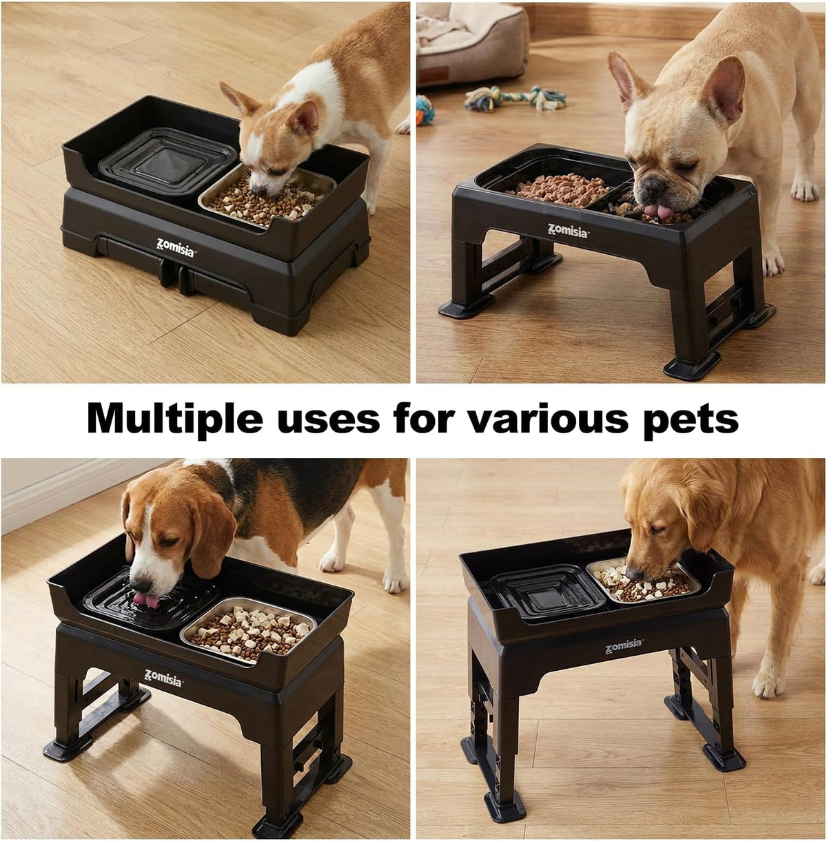 Elevated Dog Bowls, 6 Height Adjustable Raised Dog Bowl Mess Proof | 3-in-1 Dog Bowl Stand, Double Deck Design, 2 Stainless Steel Bowls, Licking Plate, Feeding Station for Small Medium Large Pet