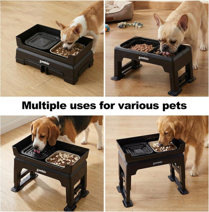 Elevated Dog Bowls, 6 Height Adjustable Raised Dog Bowl Mess Proof | 3-in-1 Dog Bowl Stand, Double Deck Design, 2 Stainless Steel Bowls, Licking Plate, Feeding Station for Small Medium Large Pet