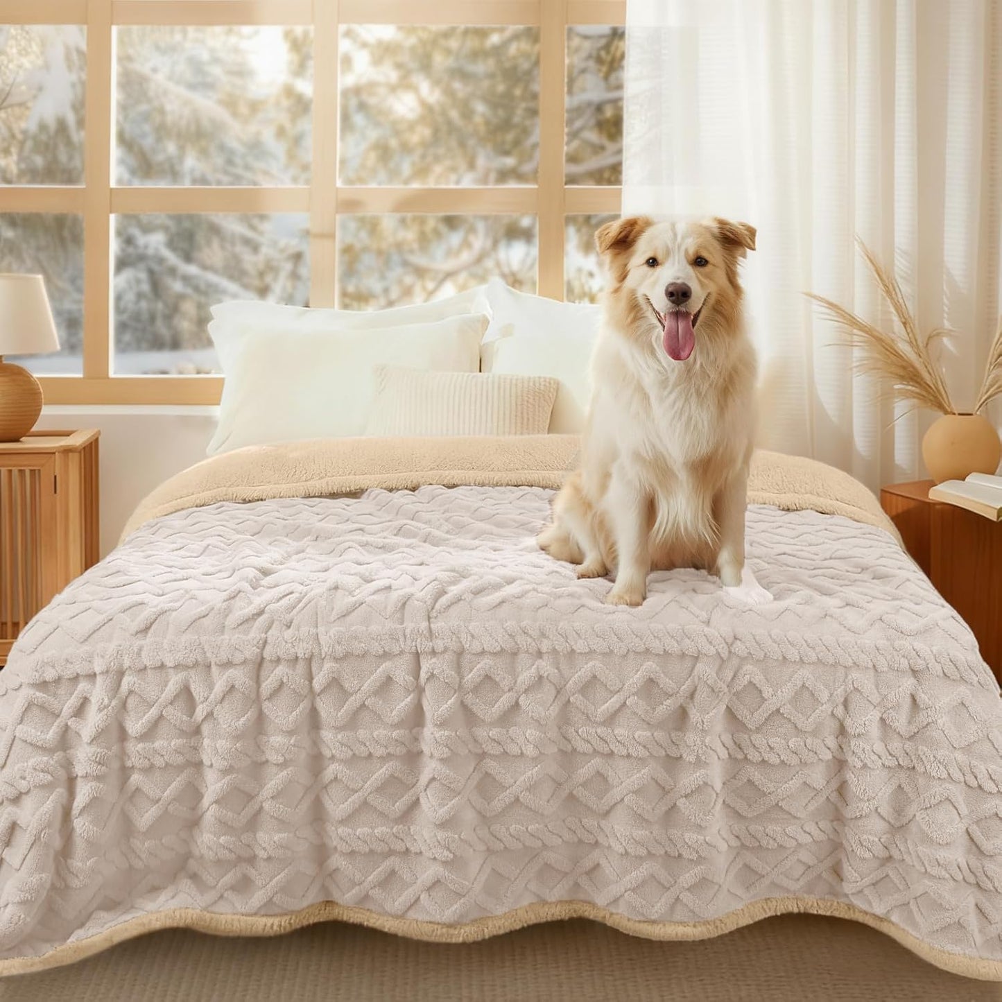 Luciphia Waterproof Pet Blanket, Liquid Pee Proof Dog Blankets for Sofa Bed Couch, Reversible Sherpa Fleece Furniture Protector Cover for Small Medium Large Dogs Cats,Khaki X-Large（85" x 57"）