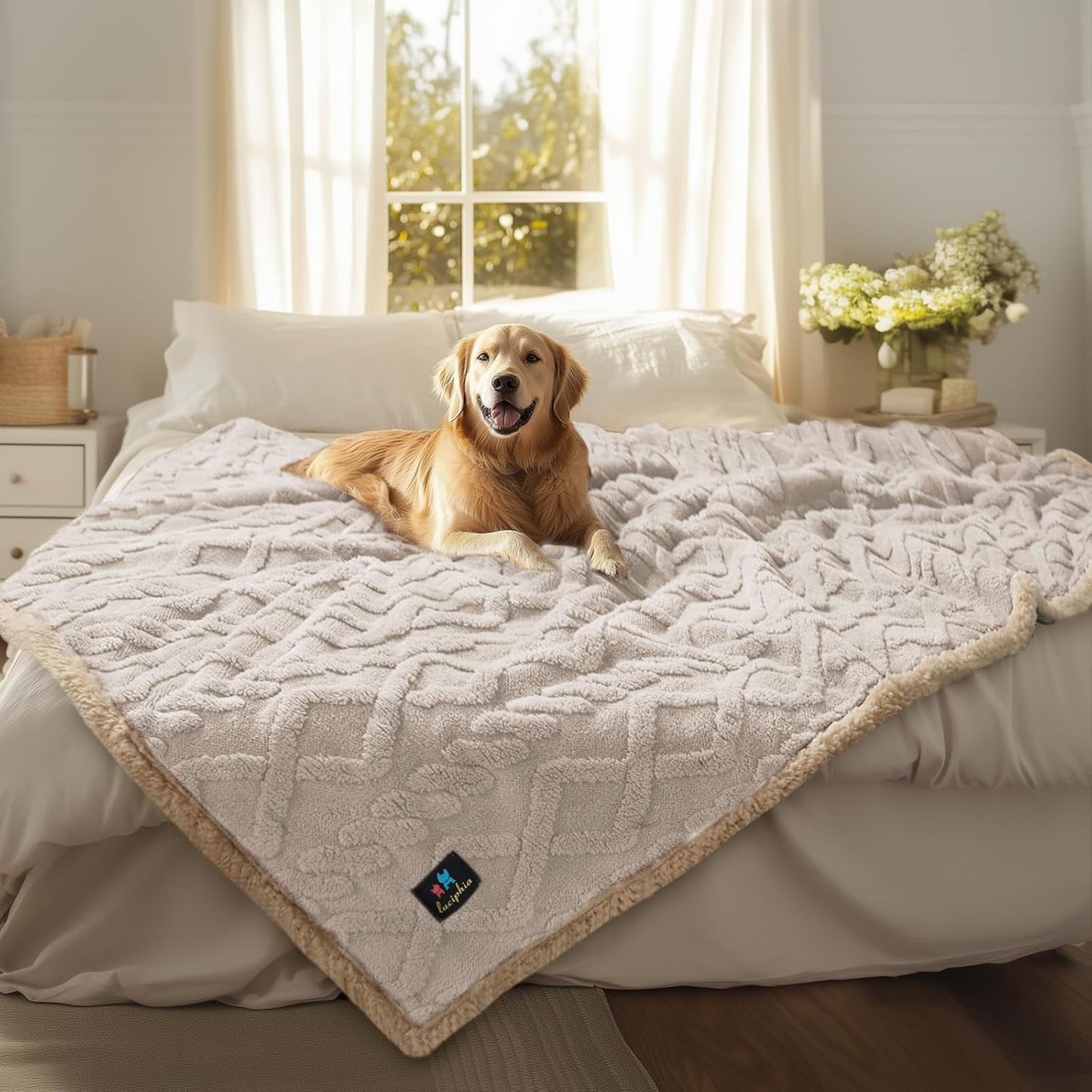 Luciphia Waterproof Pet Blanket, Liquid Pee Proof Dog Blankets for Sofa Bed Couch, Reversible Sherpa Fleece Furniture Protector Cover for Small Medium Large Dogs Cats,Khaki X-Large（85" x 57"）