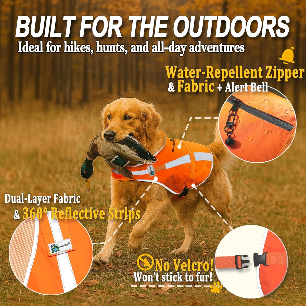 Reflective Dog Hunting Vest – Blaze Orange Safety Vest with Removable Bell, Waterproof and Lightweight (M)