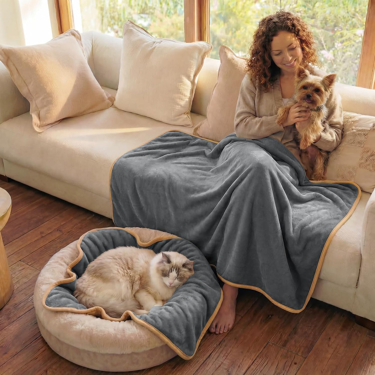 Waterproof Pet Blanket, Washable Reversible Sherpa Fleece Throw | Liquid-proof furniture protector for bed and couch, soft reversible sherpa fleece for dogs, cats grey, XS