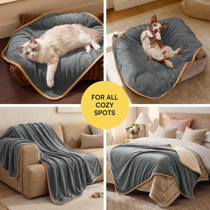 Waterproof Pet Blanket, Washable Reversible Sherpa Fleece Throw | Liquid-proof furniture protector for bed and couch, soft reversible sherpa fleece for dogs, cats grey, XS