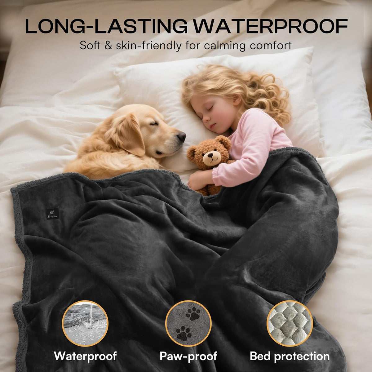Waterproof Pet Blanket, Washable Reversible Sherpa Fleece Throw | Liquid-proof furniture protector for bed and couch, soft reversible sherpa fleece for dogs, cats grey, XS