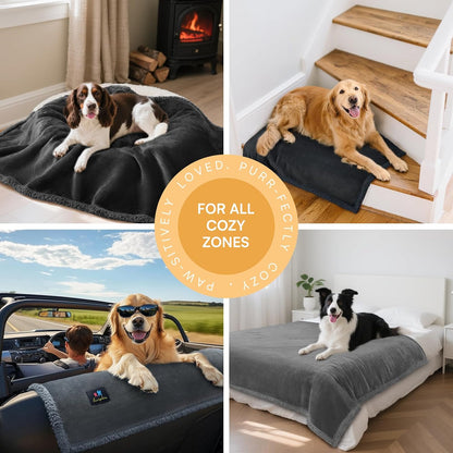 Waterproof Pet Blanket, Washable Reversible Sherpa Fleece Throw | Liquid-proof furniture protector for bed and couch, soft reversible sherpa fleece for dogs, cats grey, XS