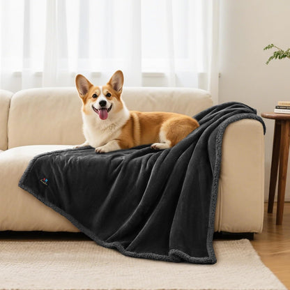Waterproof Pet Blanket, Washable Reversible Sherpa Fleece Throw | Liquid-proof furniture protector for bed and couch, soft reversible sherpa fleece for dogs, cats grey, XS