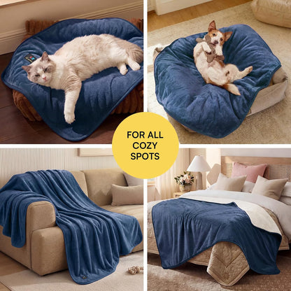 Waterproof Pet Blanket, Washable Reversible Sherpa Fleece Throw | Liquid-proof furniture protector for bed and couch, soft reversible sherpa fleece for dogs, cats grey, XS