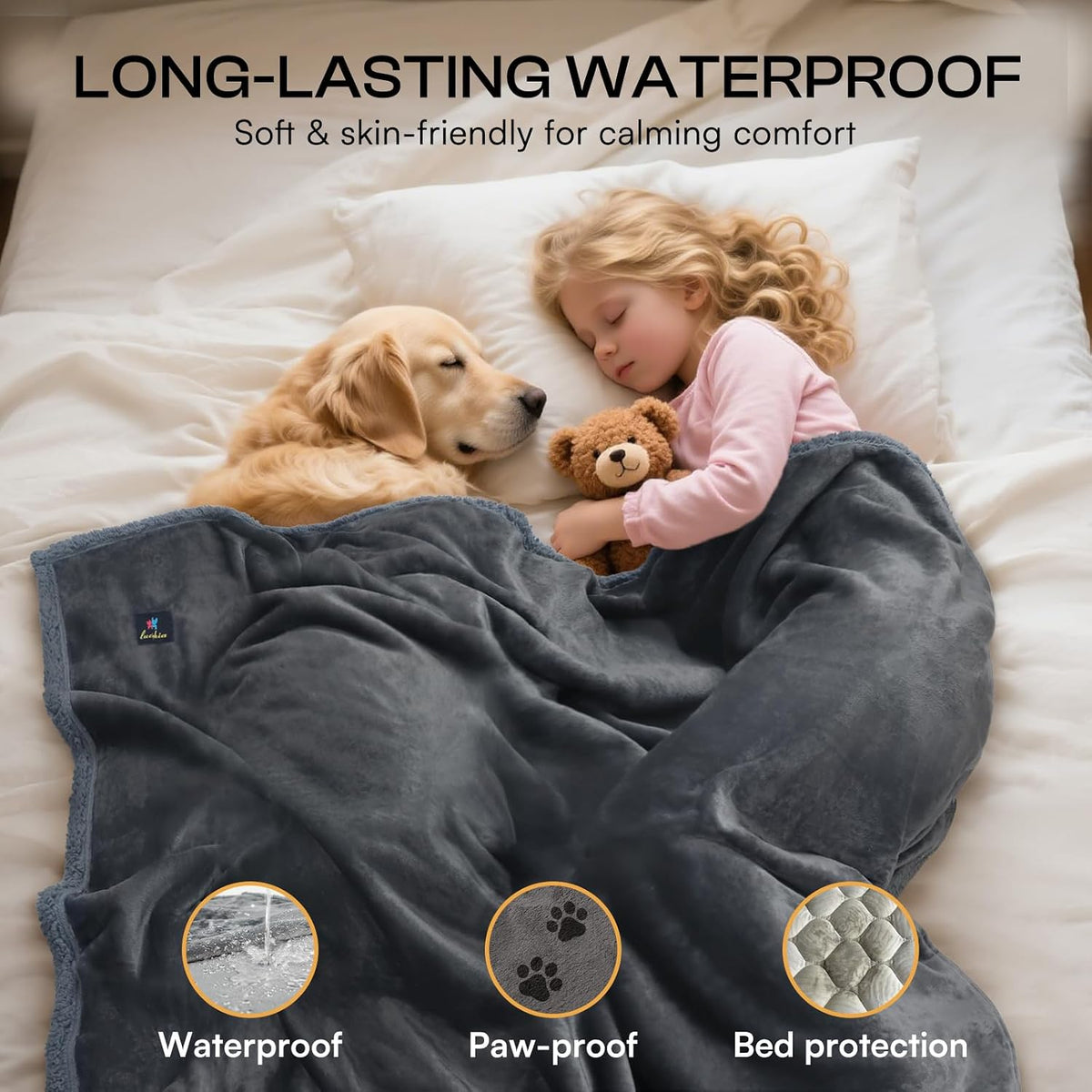 Waterproof Pet Blanket, Washable Reversible Sherpa Fleece Throw | Liquid-proof furniture protector for bed and couch, soft reversible sherpa fleece for dogs, cats grey, XS