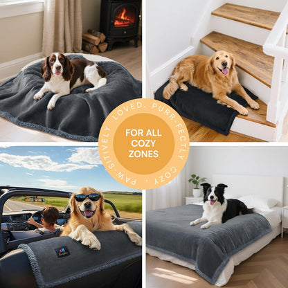 Waterproof Pet Blanket, Washable Reversible Sherpa Fleece Throw | Liquid-proof furniture protector for bed and couch, soft reversible sherpa fleece for dogs, cats grey, XS