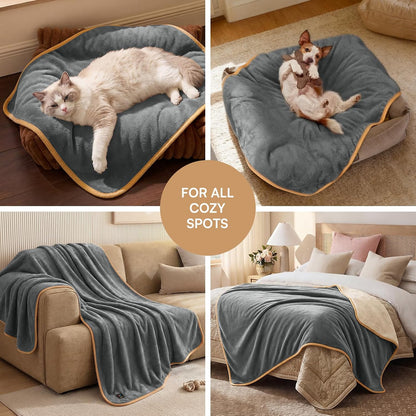 Waterproof Pet Blanket, Washable Reversible Sherpa Fleece Throw | Liquid-proof furniture protector for bed and couch, soft reversible sherpa fleece for dogs, cats grey, XS