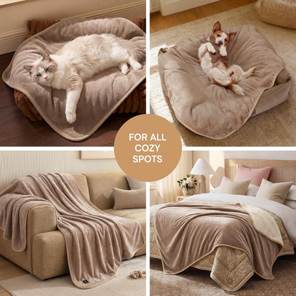Waterproof Pet Blanket, Washable Reversible Sherpa Fleece Throw | Liquid-proof furniture protector for bed and couch, soft reversible sherpa fleece for dogs, cats grey, XS