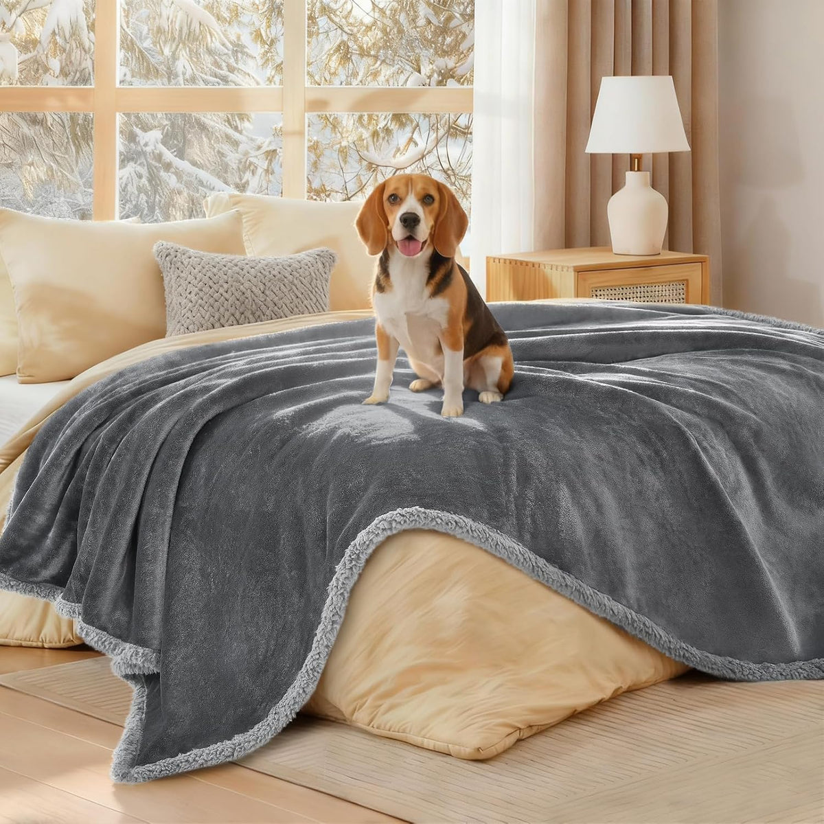 Waterproof Pet Blanket, Washable Reversible Sherpa Fleece Throw | Liquid-proof furniture protector for bed and couch, soft reversible sherpa fleece for dogs, cats grey, XS