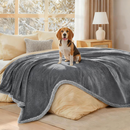 Waterproof Pet Blanket, Washable Reversible Sherpa Fleece Throw | Liquid-proof furniture protector for bed and couch, soft reversible sherpa fleece for dogs, cats grey, XS