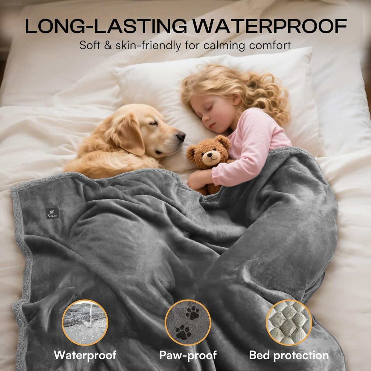 Waterproof Pet Blanket, Washable Reversible Sherpa Fleece Throw | Liquid-proof furniture protector for bed and couch, soft reversible sherpa fleece for dogs, cats grey, XS