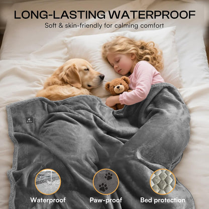 Waterproof Pet Blanket, Washable Reversible Sherpa Fleece Throw | Liquid-proof furniture protector for bed and couch, soft reversible sherpa fleece for dogs, cats grey, XS