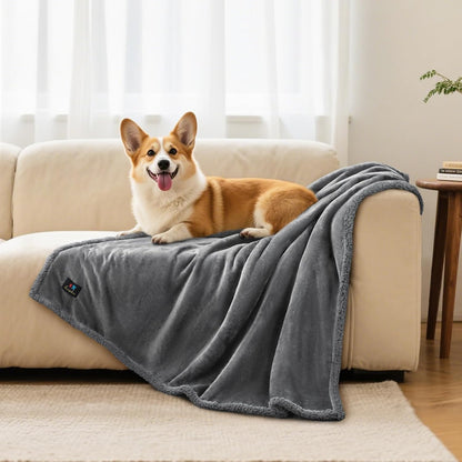 Waterproof Pet Blanket, Washable Reversible Sherpa Fleece Throw | Liquid-proof furniture protector for bed and couch, soft reversible sherpa fleece for dogs, cats grey, XS