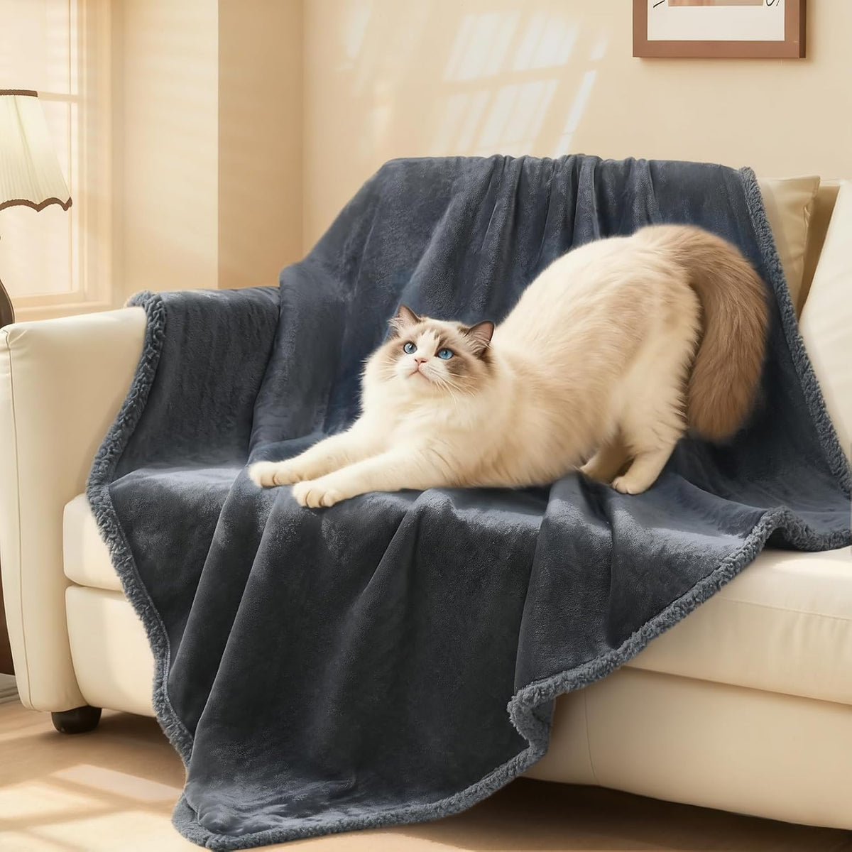 Waterproof Pet Blanket, Washable Reversible Sherpa Fleece Throw | Liquid-proof furniture protector for bed and couch, soft reversible sherpa fleece for dogs, cats grey, XS