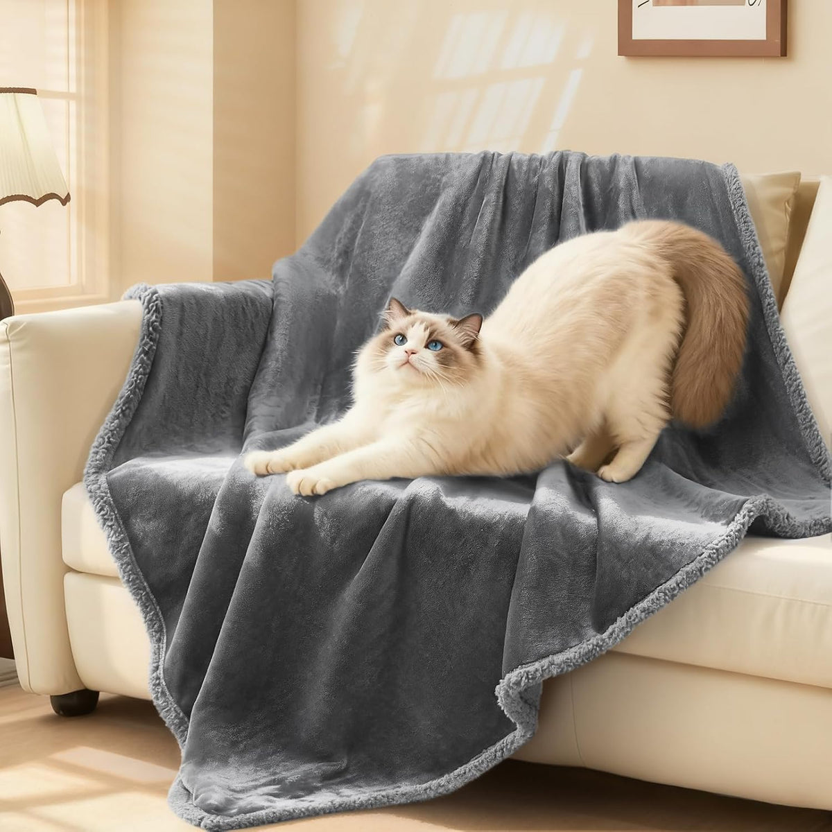 Waterproof Pet Blanket, Washable Reversible Sherpa Fleece Throw | Liquid-proof furniture protector for bed and couch, soft reversible sherpa fleece for dogs, cats grey, XS