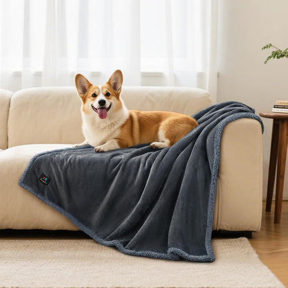 Waterproof Pet Blanket, Washable Reversible Sherpa Fleece Throw | Liquid-proof furniture protector for bed and couch, soft reversible sherpa fleece for dogs, cats grey, XS