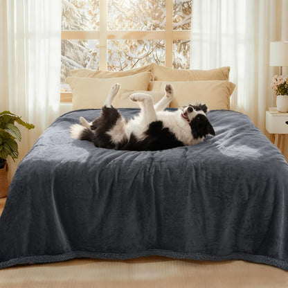 Waterproof Pet Blanket, Washable Reversible Sherpa Fleece Throw | Liquid-proof furniture protector for bed and couch, soft reversible sherpa fleece for dogs, cats grey, XS