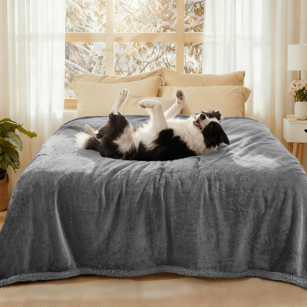 Waterproof Pet Blanket, Washable Reversible Sherpa Fleece Throw | Liquid-proof furniture protector for bed and couch, soft reversible sherpa fleece for dogs, cats grey, XS