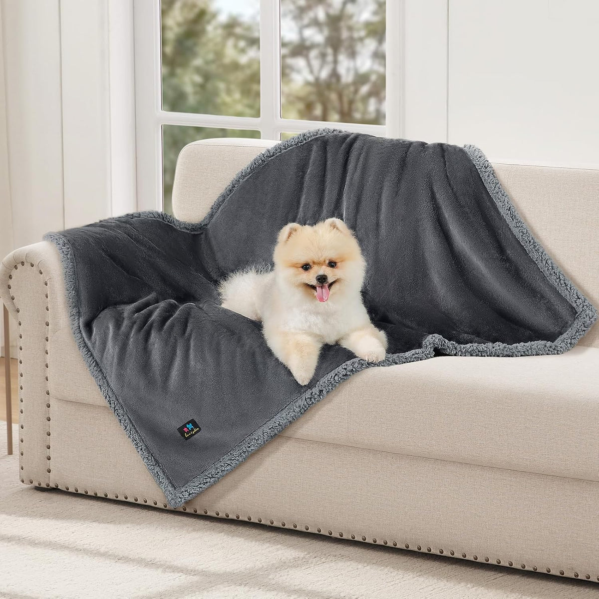 Waterproof Pet Blanket, Washable Reversible Sherpa Fleece Throw | Liquid-proof furniture protector for bed and couch, soft reversible sherpa fleece for dogs, cats grey, XS