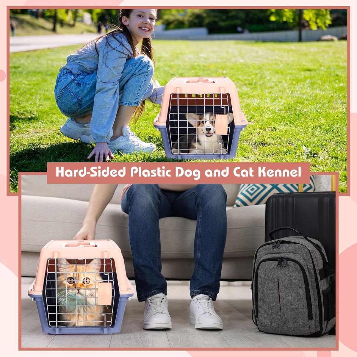 2 Set 18.9" Pet Carrier for Small Cats and Dogs, Hard Sided Plastic Cat Kennel for Pet with Front Door Security Lock Fully Breathable Travel Crate, up to 13 Lbs(Blue,18.9 x 12.6 x 11.8 Inch)