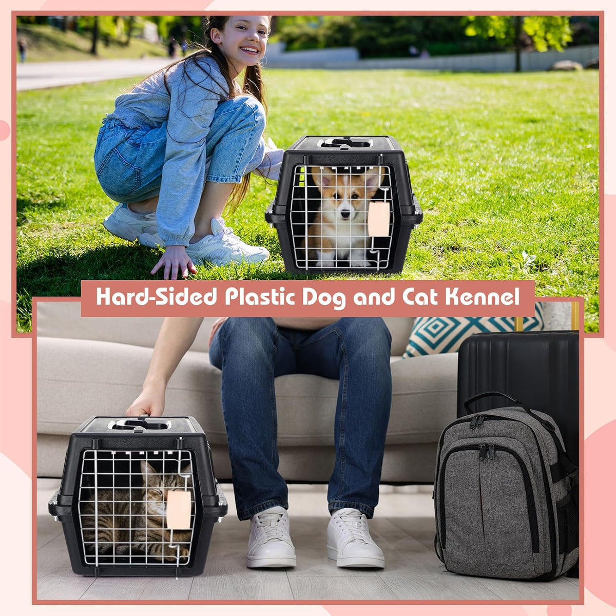 2 Set 18.9" Pet Carrier for Small Cats and Dogs, Hard Sided Plastic Cat Kennel for Pet with Front Door Security Lock Fully Breathable Travel Crate, up to 13 Lbs(Blue,18.9 x 12.6 x 11.8 Inch)