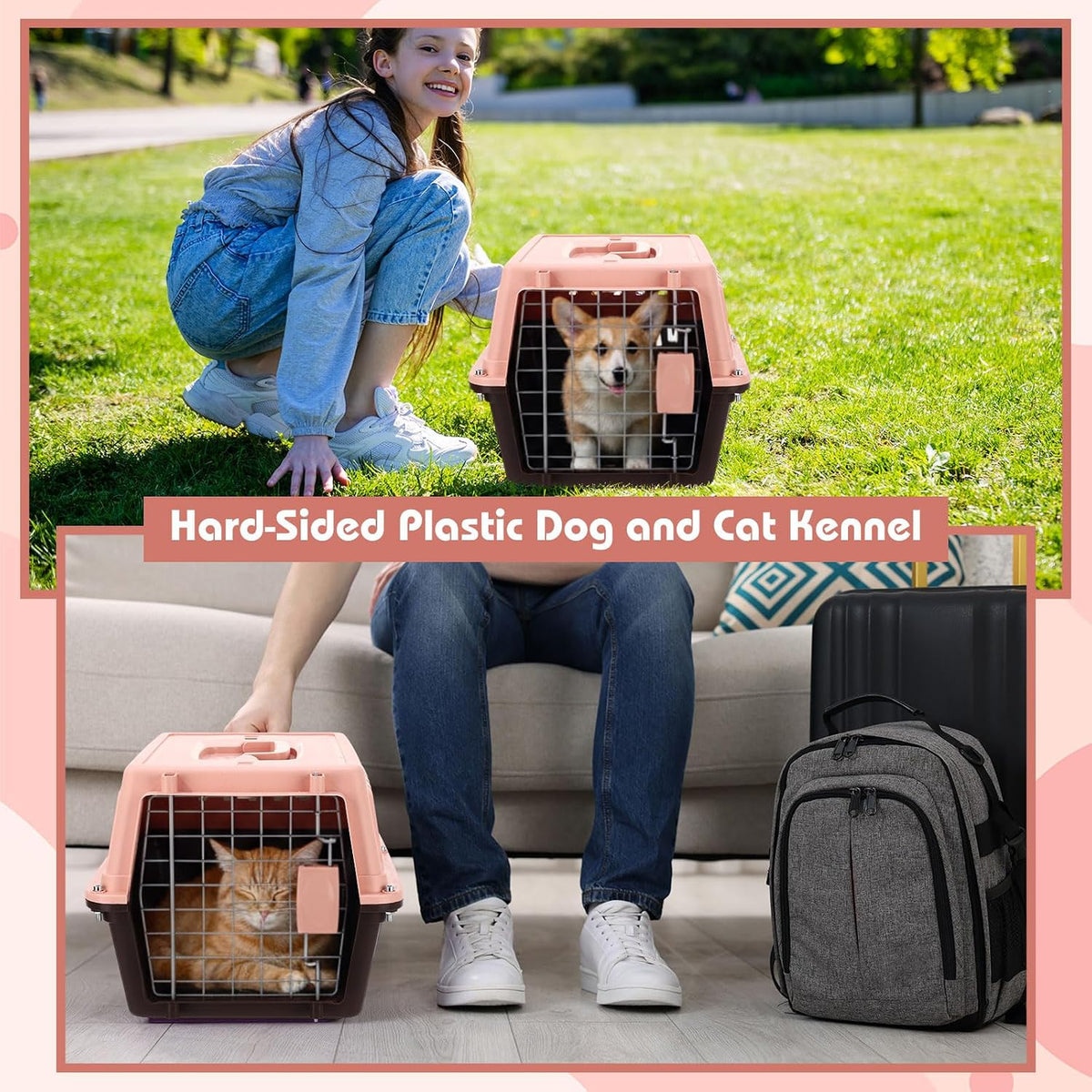 2 Set 18.9" Pet Carrier for Small Cats and Dogs, Hard Sided Plastic Cat Kennel for Pet with Front Door Security Lock Fully Breathable Travel Crate, up to 13 Lbs(Blue,18.9 x 12.6 x 11.8 Inch)