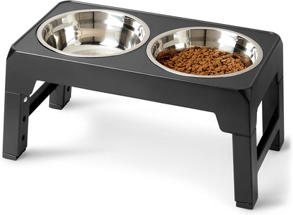 Elevated Dog Bowls Stand, 5 Height Adjustable Foldable Raised Pet Feeder with Stainless Steel Bowls, Non-Slip Base, 17.3 x 9.4 x 12 in, Black