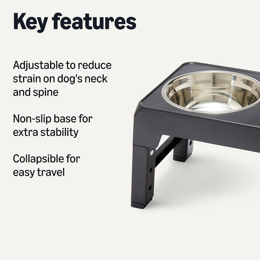 Elevated Dog Bowls Stand, 5 Height Adjustable Foldable Raised Pet Feeder with Stainless Steel Bowls, Non-Slip Base, 17.3 x 9.4 x 12 in, Black