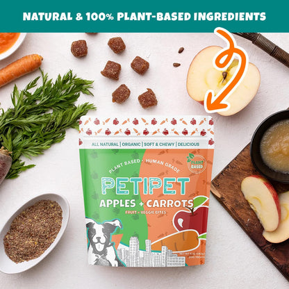 Apples+Carrots Plant-Based Fruit Dog Treats - Carrot and Apple Soft & Chewy - Healthy Vegetarian, Vegan Dog Treats with Organic Ingredients - Low-Protein, Hypoallergenic, Gluten-Free